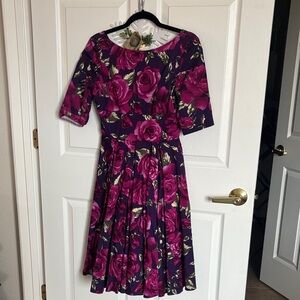 The Pretty Dress Company Floral Purple and Pink Fit Flare Vintage style Dress